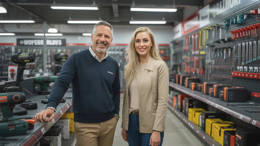 Man and woman standing in a hardware store aisle with tools and equipment around them.